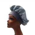 Silver grey satin sleep cap with wide elastic headband for hair care protection - One Size / Silver