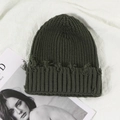 Deep olive green distressed knit beanie with trendy frayed holes and vintage ribbed texture - Grey Green