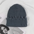 Vintage dark gray distressed knit beanie with ripped fringe edges and thick texture - Gray