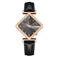 Women's quartz watch with black leather strap and unique rose gold diamond-shaped case - Black