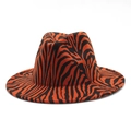 Classic wide brim fedora hat featuring a bold orange and black tiger stripe pattern - M (56-58cm) / Burgundy