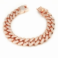 Close-up of 13mm rose gold Cuban link bracelet with iced out micro-pave rhinestones - 20cm Rose Gold