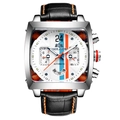 Macro shot of automatic square watch dial with racing stripes and orange stitching - Silver Case White Face