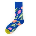 Calze blu con tulipani rosa e punta verde a contrasto in cotone a maglia fine - Tulipano