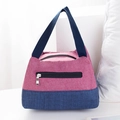 Portable two-tone rose red and navy blue lunch bag with dual zippers and front pocket - Rose Red