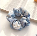Coletero de tela a cuadros azules y blancos sobre un libro abierto de estilo minimalista - Rejilla Crema Azul Claro