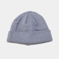 Detailed close-up of gray-blue knitted beanie showing soft ribbed texture and cuffed hem - Fog Blue