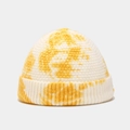 Close-up of yellow and white tie-dye knit beanie featuring retro rolled-up brim and texture - M (56-58cm) / Yellow