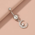 Zilveren navelpiercing met een fonkelende ster en een hangertje in de vorm van een maan - Zilver (Ster & Maan Hanger)