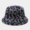 Close-up of thick plush leopard pattern bucket hat with soft faux fur texture for winter - M / Small Leopard Grey