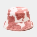 Dettaglio della morbida pelliccia sintetica del cappello a secchiello rosa e bianco - M (56-58cm) / Stampa Muccata Grande Rosa