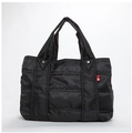 Black quilted nylon tote bag with dual handles and signature red side label detail - Medium / Black