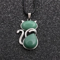 Collana etnica con ciondolo a gatto in avventurina verde e cordino nero da donna - Pendente Gatto