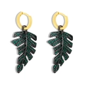 Chic gold hoop leaf earrings featuring black plated leaves and sparkling green crystals - Green