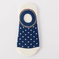 Blue low cut invisible cotton socks with white polka dots and rainbow striped trim - Blue Rainbow Cuff Polka Dots Style (S29)