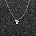 Detail of silver stainless steel necklace with letter T pendant on starry black background - Steel T