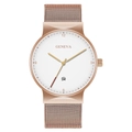 Close-up of rose gold mesh strap watch with calendar window and white Geneva dial - White Dial Gold Hands Rose Gold Strap