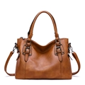 Dark brown retro leather tote bag with lychee texture and bronze buckles on white background - Brown