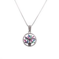 Silver tree of life necklace with colorful micro-inlaid zircon pendant on white background - Model 0080 Tree of Life-White Gold-Box Chain