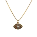 Macro shot of gold Evil Eye pendant with colorful pavé cubic zirconia on fine box chain - Hollow Evil Eye / Gold / Pin Box Chain