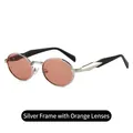 Retro oval sunglasses with silver metal frame and translucent orange-red lenses - Silver Frame Orange-Red Lenses