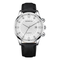 Montre à quartz pour hommes avec index en strass et bracelet en cuir noir - Cadran Blanc Boîtier Argent Bracelet Noir