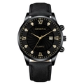 Detailed close-up of a black quartz watch dial with gold Roman numerals and date window - Black Dial Gold Tone Black Band