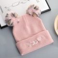 Pink knit beanie with cat embroidery and leopard print pom-poms for winter warmth - Pink