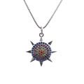 Close-up of silver box chain necklace with multi-colored cubic zirconia sunburst pendant - Sunburst Shape Pin Buckle Box Chain / White Gold