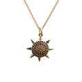 Fashionable gold sun pendant necklace with colorful micro-pave zircons on white background - Sunburst Shape Pin Buckle O-Chain / Gold