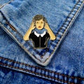 Creative enamel brooch of a retro girl on a denim jacket, surreal headless style art - Retro Surreal Woman