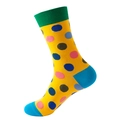 Polka dot crew socks in yellow cotton blend with green rib cuffs and blue heel accents - No. 143 Yellow Background Polka Dot