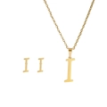 Detailed view of gold plated necklace and stud earrings set featuring alphabet letter I - I Set