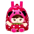 Close-up of pink polka dot canvas backpack featuring a 3D plush cartoon doll for kids - Panda Rose Red