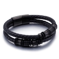 Men's double-layer braided black leather bracelet with matte metal magnetic clasp - Double Layer (Black Buckle) / Black