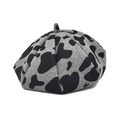 Close-up of vintage wool beret featuring a gray and black cow print pattern texture - M (56-58cm) / Gray