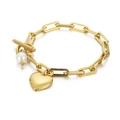 Bracelet chaîne trombone doré avec pendentifs cœur et perle et fermoir à bascule OT - Bracelet Doré (KB138409-Z)