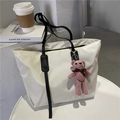 Minimalist off-white large capacity tote bag with black straps and pink crochet bear charm - With Teddy Bear / Beige