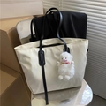 Chic cream large capacity tote bag with black straps and a cute sheep plush charm - With Lamb / Beige