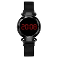 Women's black LED digital watch with magnetic mesh strap and diamond-cut round dial - Black