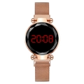 Women's LED digital watch with rose gold magnetic mesh strap and diamond cut glass dial - Rose Gold