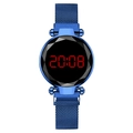 Blue LED digital watch for women featuring a magnetic mesh band and faceted crystal face - Blue