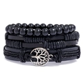 Three-piece black layered leather bracelet set with beaded strings and tree of life charm - Black 3-Piece Set
