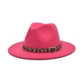 Detail of fuchsia fedora hat featuring a leopard print band and golden metal buckle - M (56-58cm) / Rose Red
