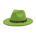 Detail of bright green wool fedora with leopard print band and golden metal buckle - M (56-58cm) / Fruit Green