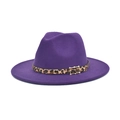 Detail view of purple wool fedora hat with leopard print leather belt and gold buckle - M (56-58cm) / Purple