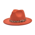 Close-up of orange wool fedora featuring leopard print belt with golden buckle - M (56-58cm) / Caramel color