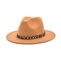 Classic camel wool fedora hat with a leopard print band and gold buckle on white background - M (56-58cm) / Camel