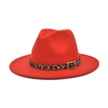 Detail of red fedora hat with leopard print band and golden metal buckle close-up - M (56-58cm) / Orange Red
