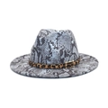 Detail of snake print wool fedora hat featuring leopard band and gold square buckle - M (56-58cm) / Blue